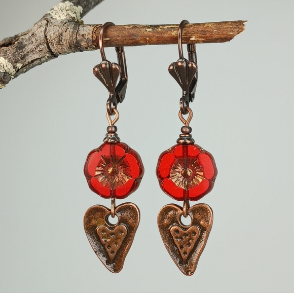Hand Crafted Jewelry - HAND CRAFTED Red Artisan Glass Flower Copper Heart Earrings Boho Vintage Style